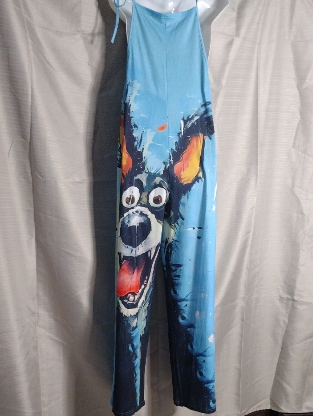 New Without Tags Blue Tie-Strap Wide Leg Jumpsuit Happy Dog Graphic Size Medium - Picture 6 of 8